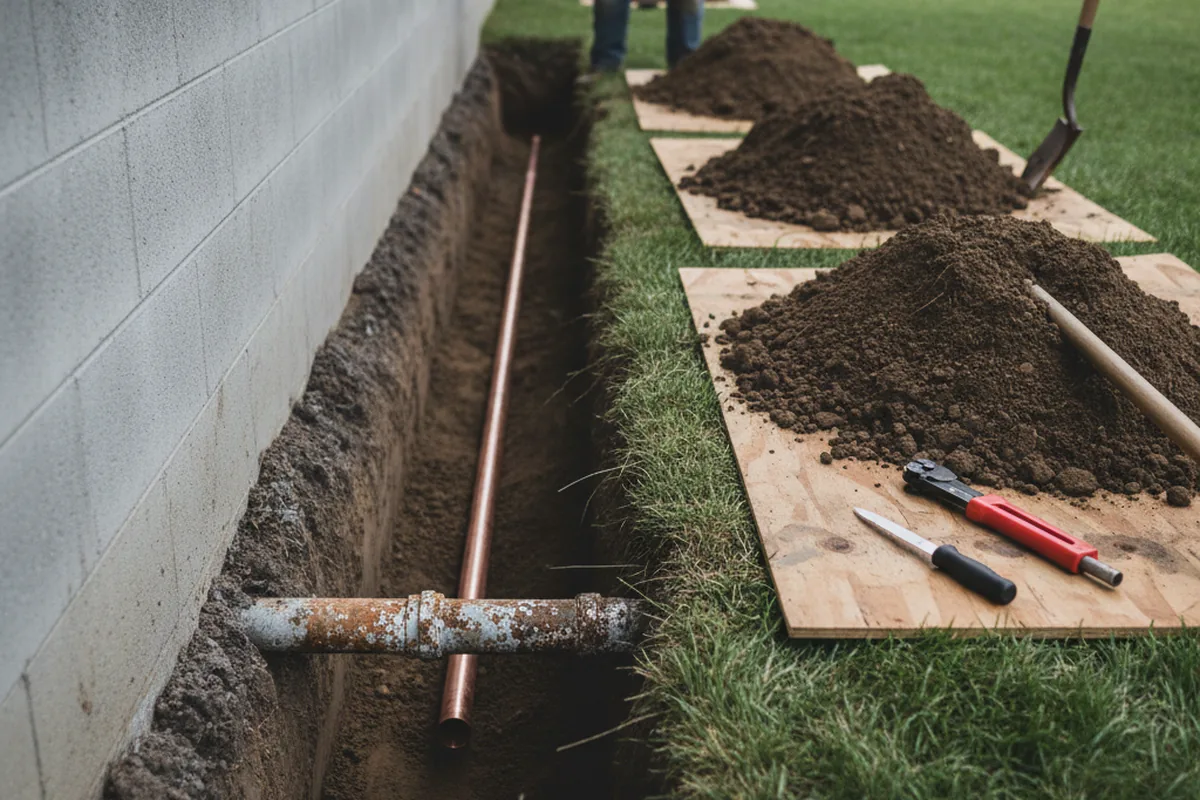 Excavated water line trench during Sewer Line Repair in Felts Mills